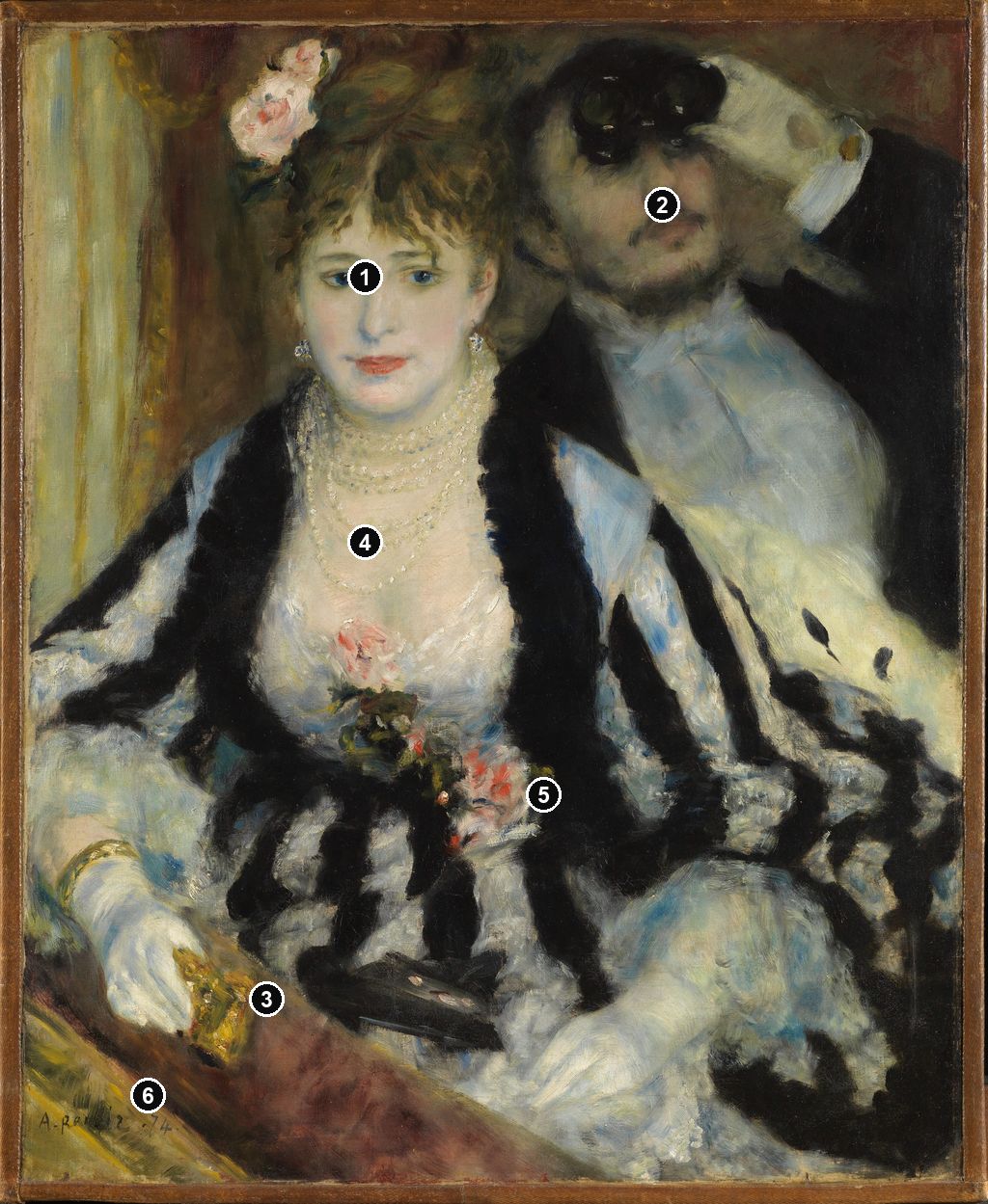 Annotated details from La Loge by Auguste Renoir